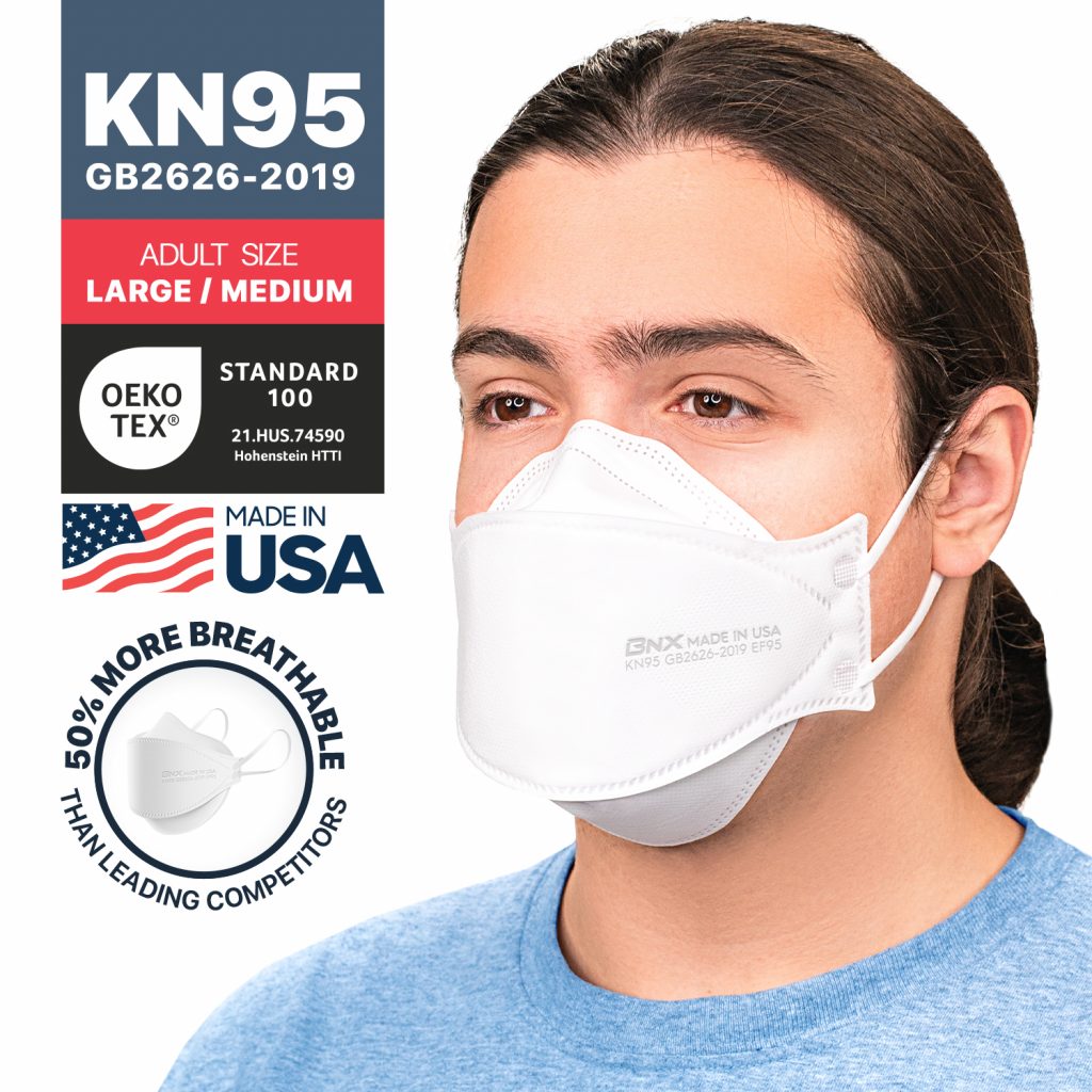 BNX 20-Pack KN95 Face Masks, Disposable Particulate KN95 Mask Made in USA, Tri-Fold Cup/Fish Style (20 Pack) (Earloop) (Model: EF95) White