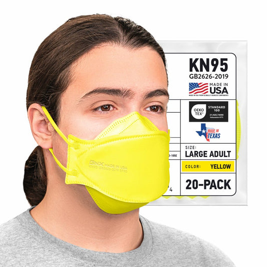 BNX 20-Pack KN95 Face Masks, Disposable Particulate KN95 Mask Made in USA, Tri-Fold Cup/Fish Style (20 Pack) (Earloop) (Model: EF95) Yellow