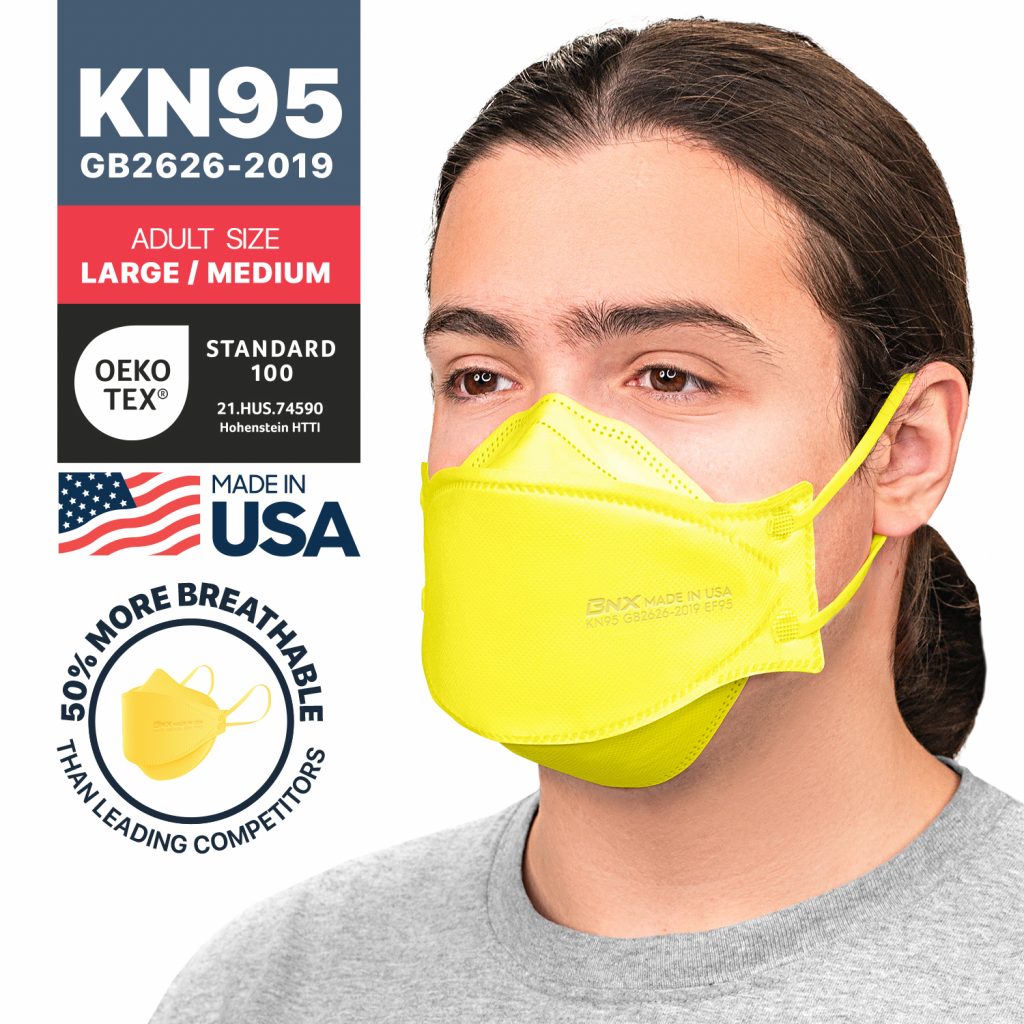 BNX 20-Pack KN95 Face Masks, Disposable Particulate KN95 Mask Made in USA, Tri-Fold Cup/Fish Style (20 Pack) (Earloop) (Model: EF95) Yellow