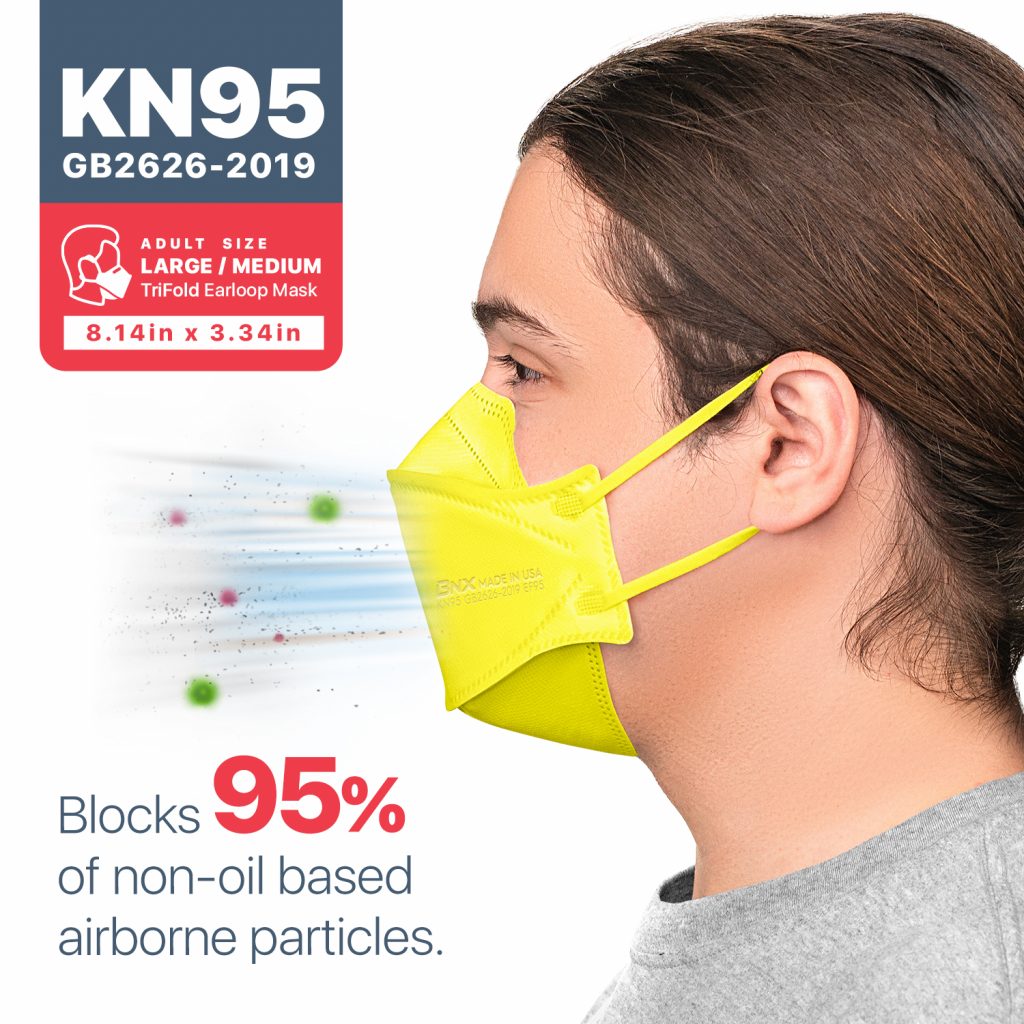 BNX 20-Pack KN95 Face Masks, Disposable Particulate KN95 Mask Made in USA, Tri-Fold Cup/Fish Style (20 Pack) (Earloop) (Model: EF95) Yellow