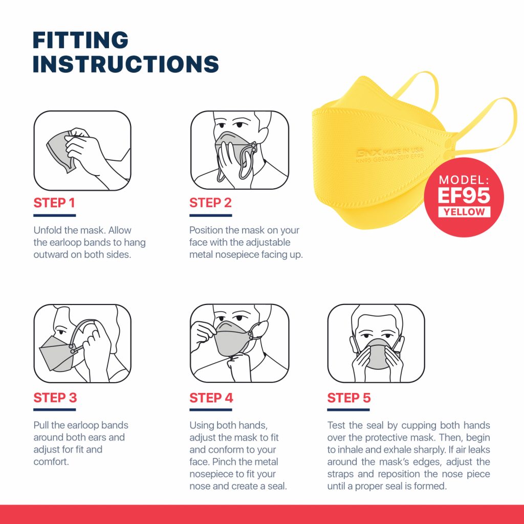 BNX 20-Pack KN95 Face Masks, Disposable Particulate KN95 Mask Made in USA, Tri-Fold Cup/Fish Style (20 Pack) (Earloop) (Model: EF95) Yellow