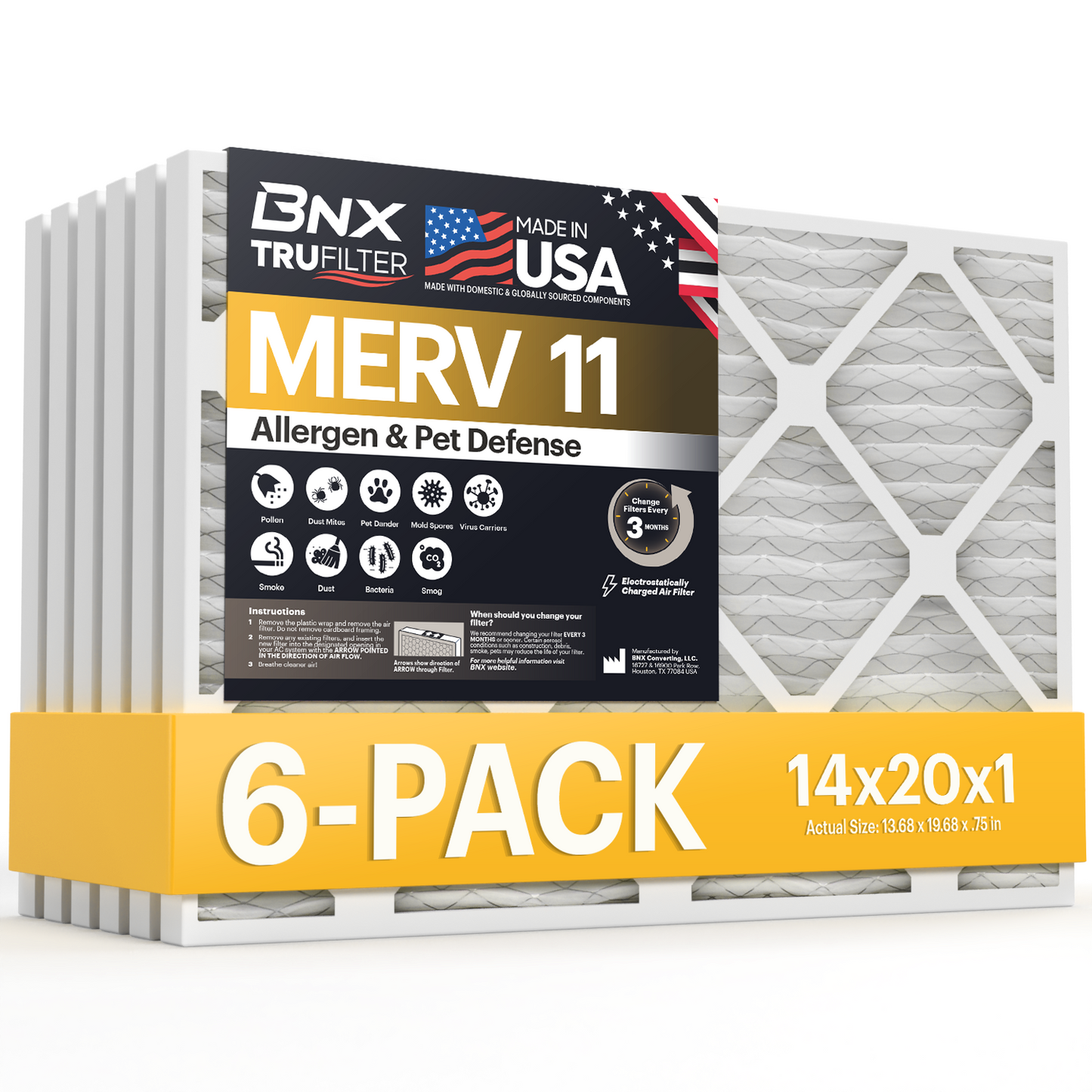 BNX TruFilter 14x20x1 MERV 11 Pleated Air Filter – Made in USA (6-Pack)