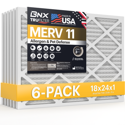 BNX TruFilter 18x24x1 MERV 11 Pleated Air Filter – Made in USA (6-Pack)