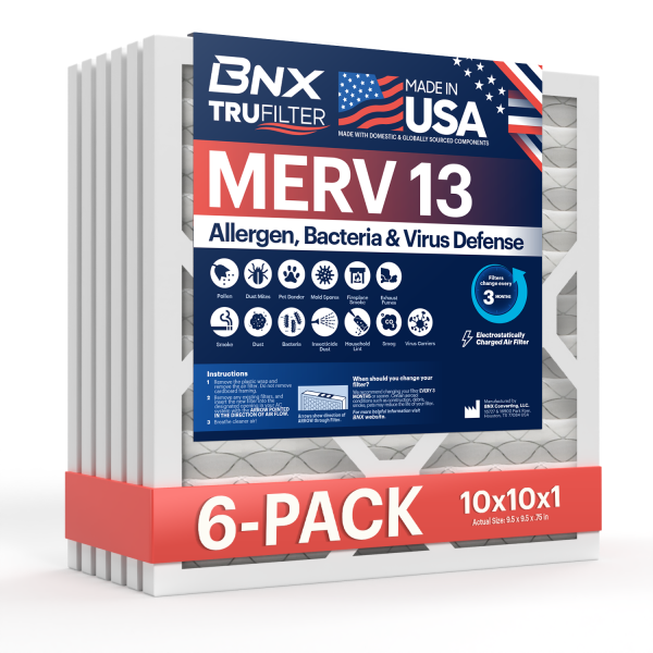 BNX TruFilter 10x10x1 MERV 13 Pleated Air Filter - Made in USA (6-Pack)