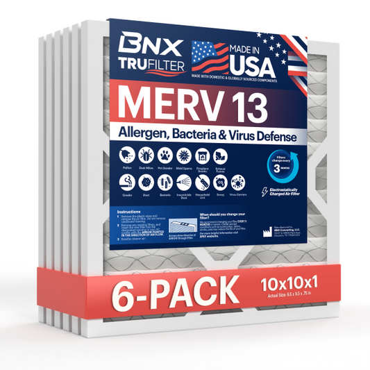 BNX TruFilter 10x10x1 MERV 13 Pleated Air Filter - Made in USA (6-Pack)