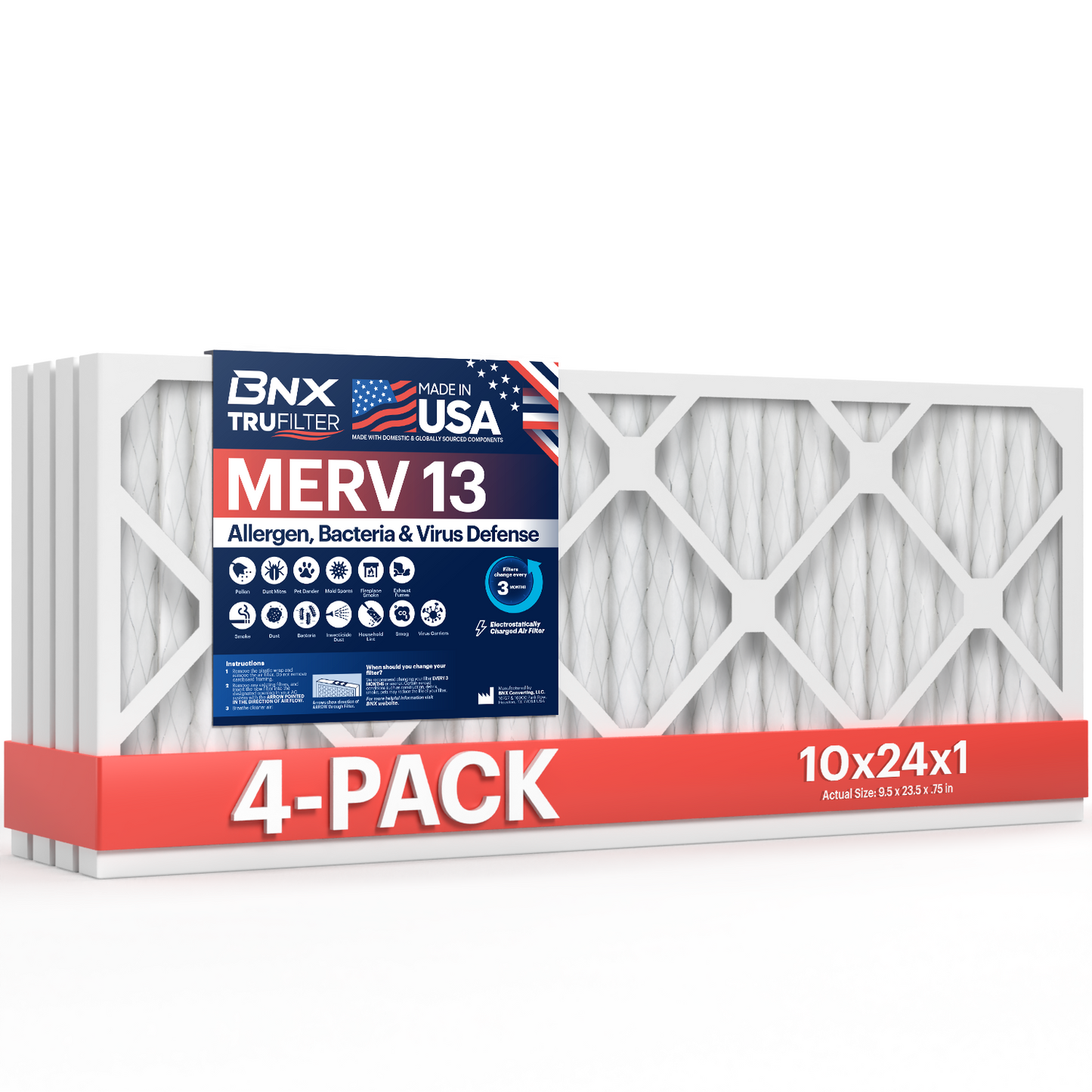 BNX TruFilter 10x24x1 MERV 13 Pleated Air Filter – Made in USA (4-Pack)