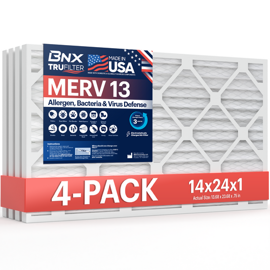 BNX TruFilter 14x24x1 MERV 13 Pleated Air Filter - Made in USA (4-Pack)