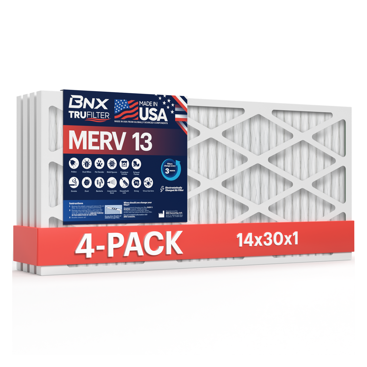 BNX 14x30x1 MERV 13 Pleated Air Filter – Made in USA (4-Pack)