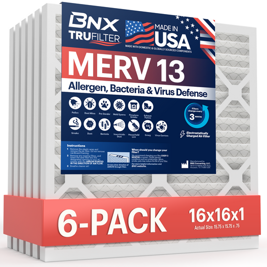 BNX TruFilter 16x16x1 MERV 13 Pleated Air Filter - Made in USA (6-Pack)
