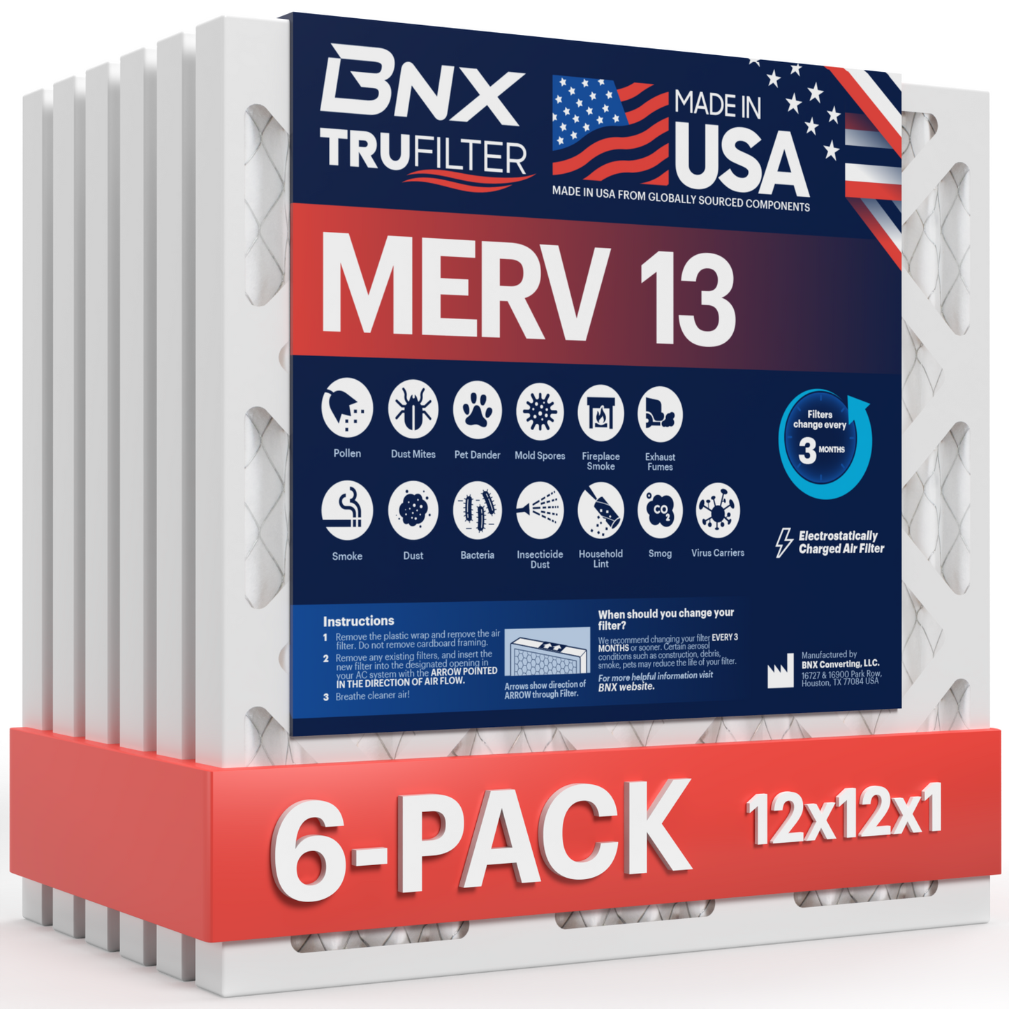 BNX 12x12x1 MERV 13 Pleated Air Filter – Made in USA (6-Pack)