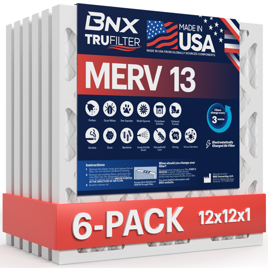 BNX 12x12x1 MERV 13 Pleated Air Filter – Made in USA (6-Pack)