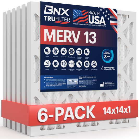 BNX 14x14x1 MERV 13 Pleated Air Filter – Made in USA (6-Pack)