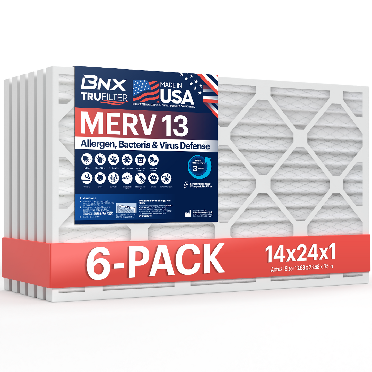 BNX TruFilter 14x24x1 MERV 13 Pleated Air Filter - Made in USA (6-Pack)