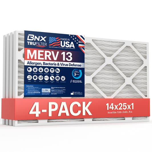 BNX TruFilter14x25x1 MERV 13 Pleated Air Filter – Made in USA (4-Pack)