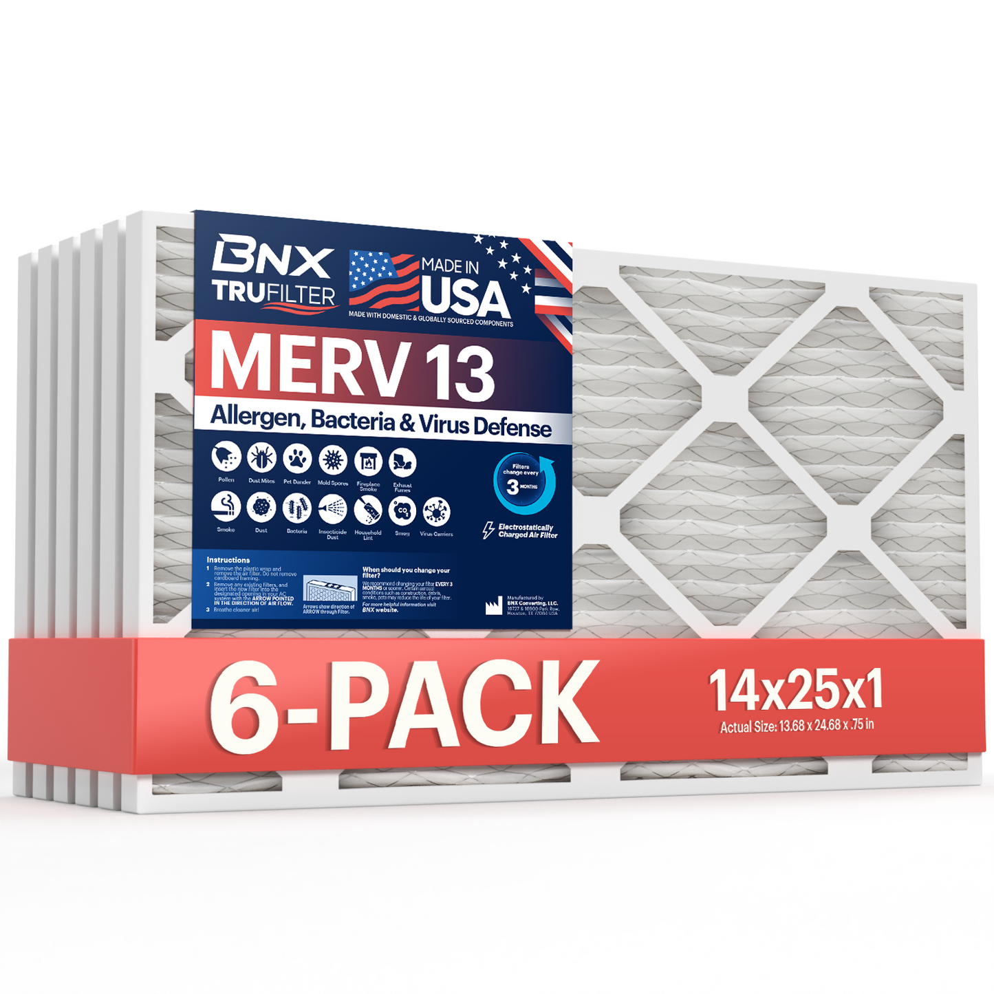 BNX TruFilter14x25x1 MERV 13 Pleated Air Filter – Made in USA (6-Pack)