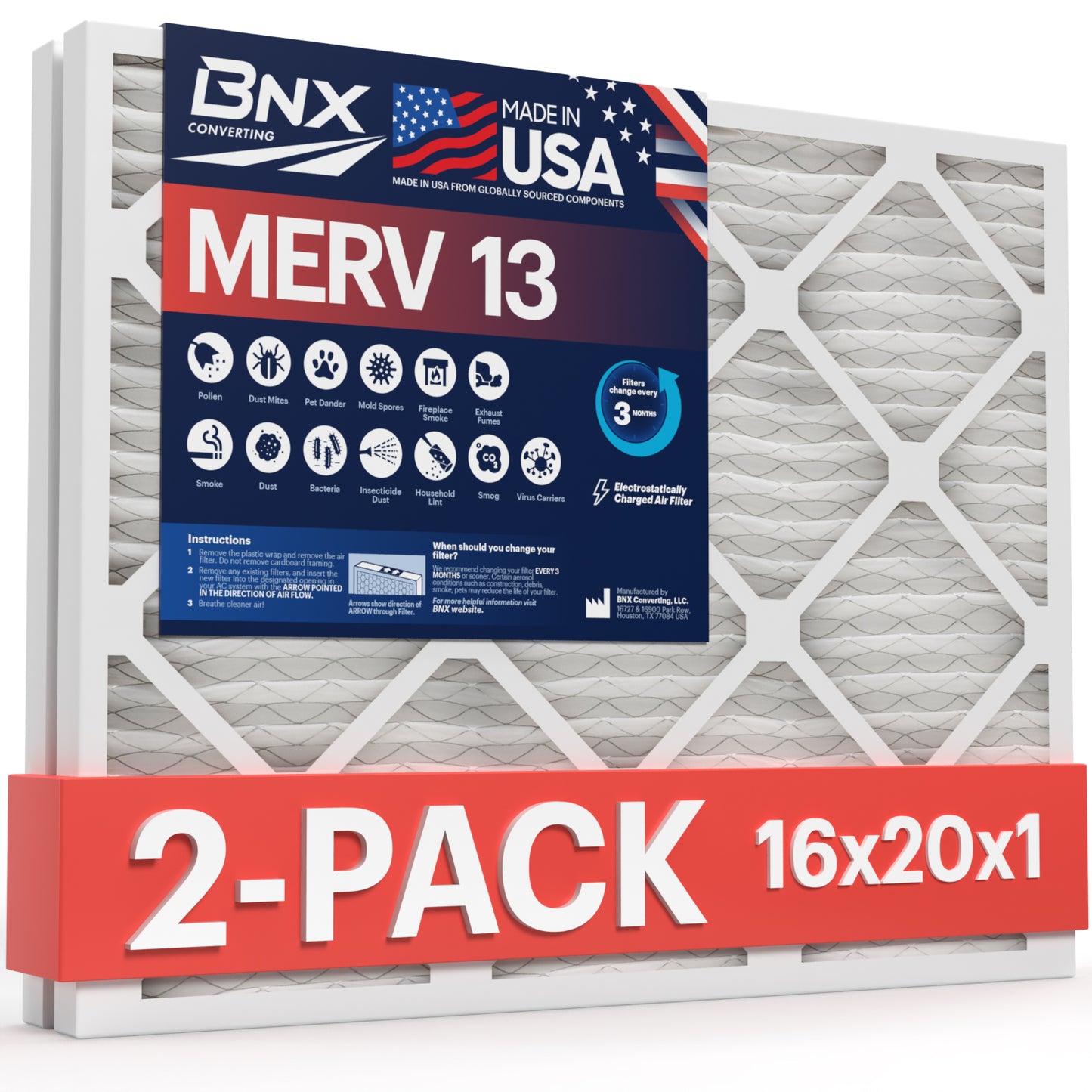 BNX 16x20x1 MERV 13 Pleated Air Filter - Made in USA (2-Pack)