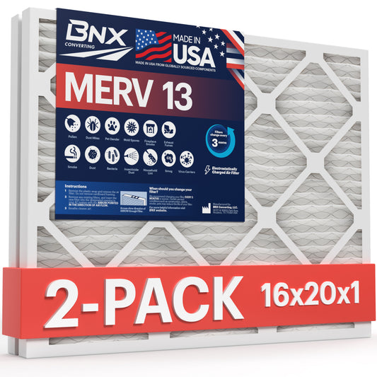 BNX 16x20x1 MERV 13 Pleated Air Filter - Made in USA (2-Pack)