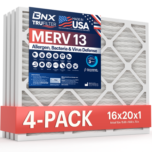 BNX 16x20x1 MERV 13 Pleated Air Filter - Made in USA (4-Pack)