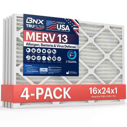 BNX TruFilter 16x24x1 MERV 13 Pleated Air Filter - Made in USA (4-Pack)