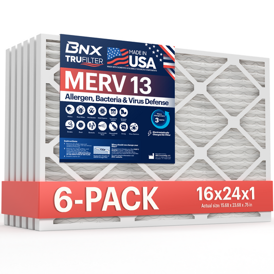 BNX TruFilter 16x24x1 MERV 13 Pleated Air Filter - Made in USA (6-Pack)