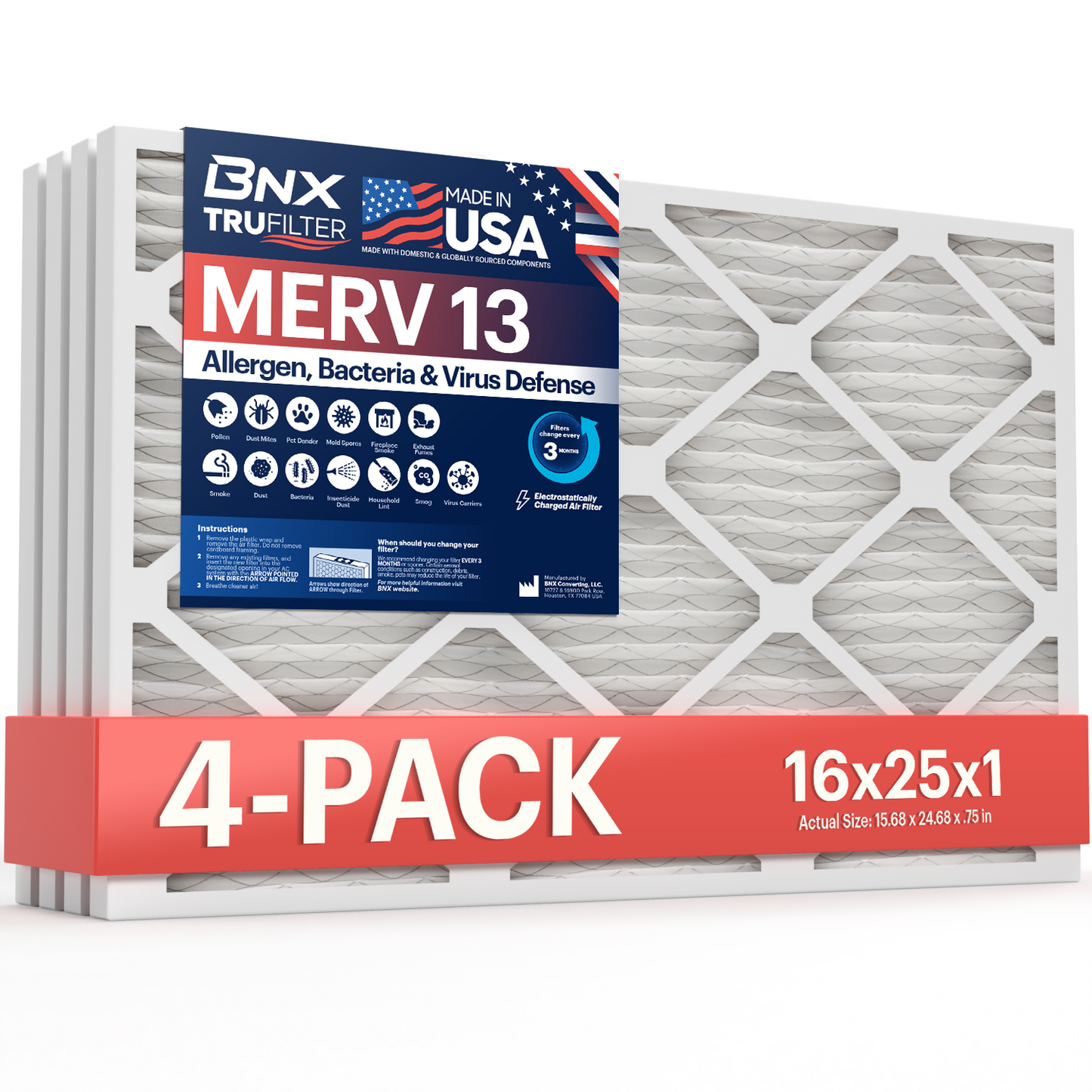 BNX 16x25x1 MERV 13 Pleated Air Filter – Made in USA (4-Pack)