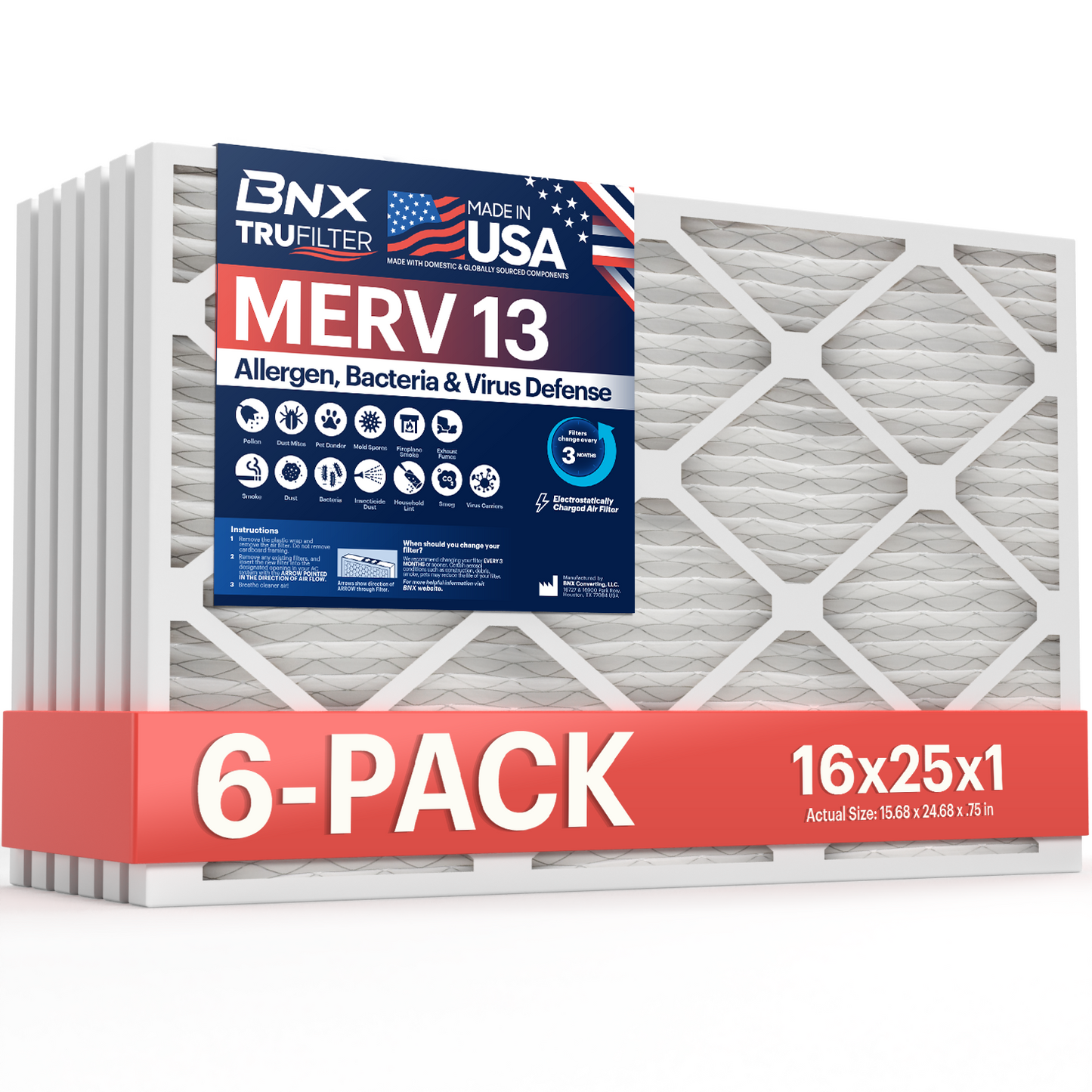 BNX TruFilter16x25x1 MERV 13 Pleated Air Filter – Made in USA (6-Pack)