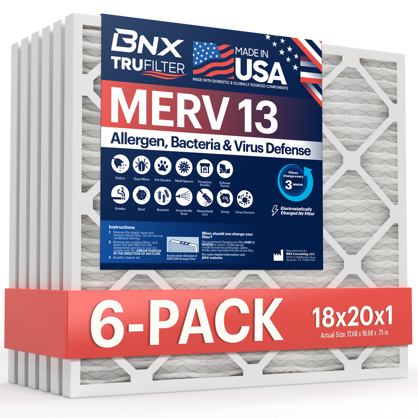 BNX TruFilter 18x20x1 MERV 13 Pleated Air Filter - Made in USA (6-Pack)
