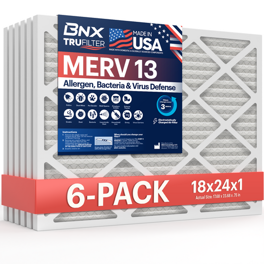 BNX TruFilter 18x24x1 MERV 13 Pleated Air Filter - Made in USA (6-Pack)