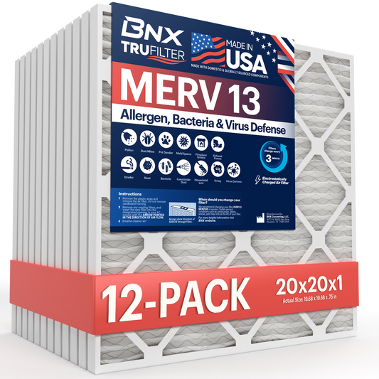 BNX TruFilter 20x20x1 MERV 13 Pleated Air Filter - Made in USA (12-Pack)