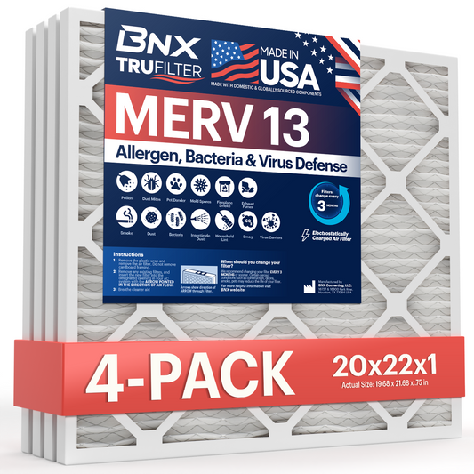 BNX TruFilter 20x22x1 MERV 13 Pleated Air Filter - Made in USA (4-Pack)