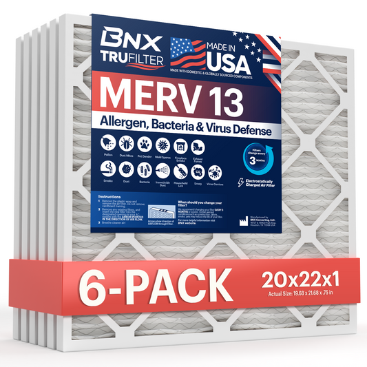 BNX TruFilter 20x22x1 MERV 13 Pleated Air Filter - Made in USA (6-Pack)