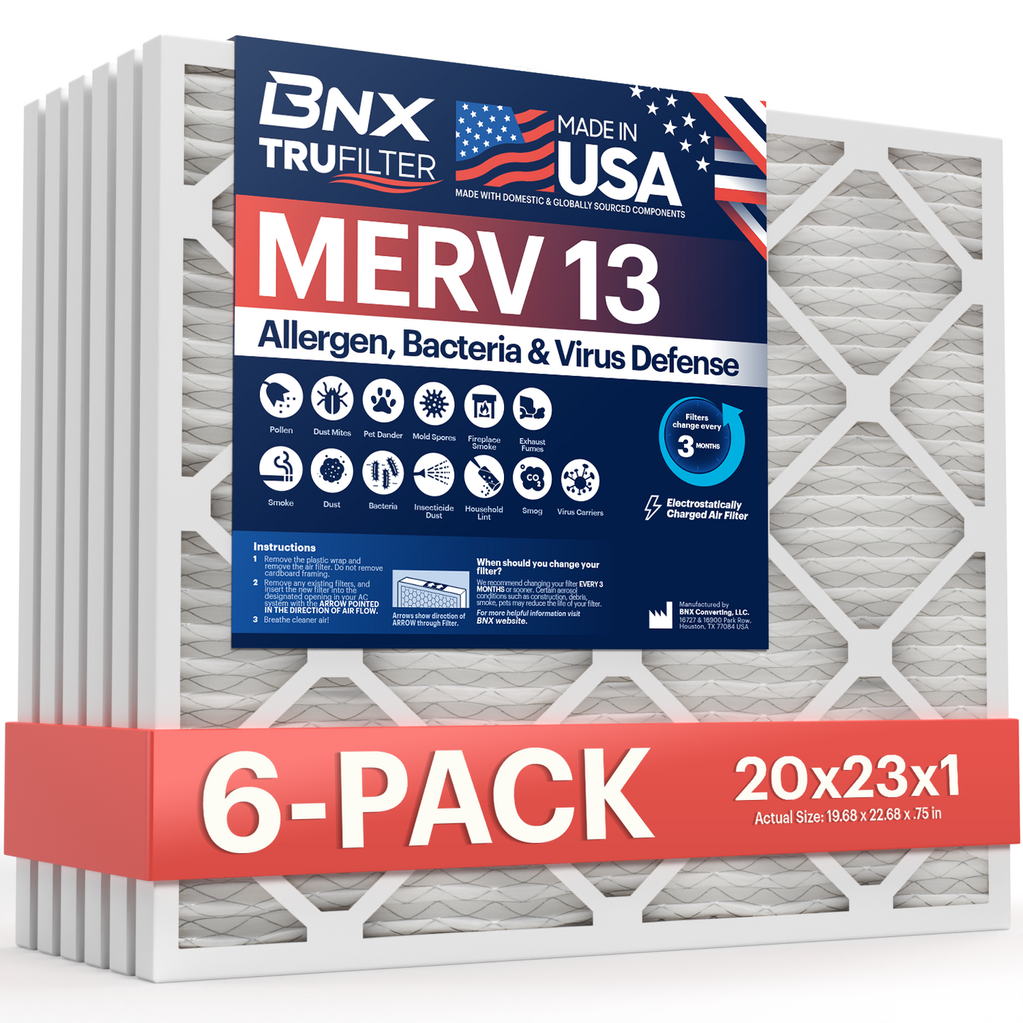 BNX TruFilter 20x23x1 MERV 13 Pleated Air Filter - Made in USA (6-Pack)