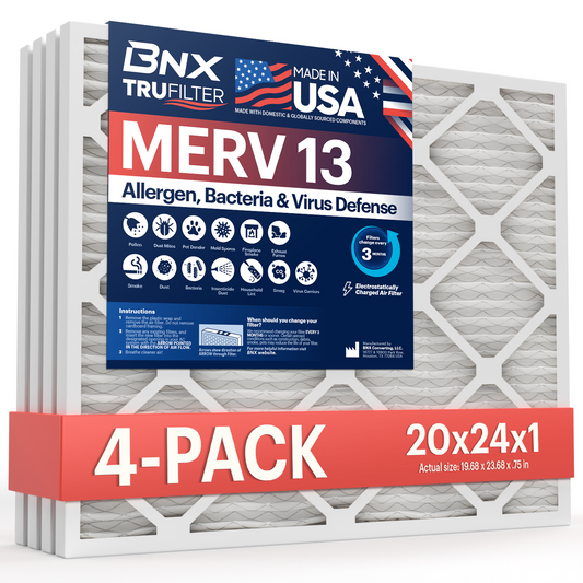 BNX TruFilter 20x24x1 MERV 13 Pleated Air Filter - Made in USA (4-Pack)