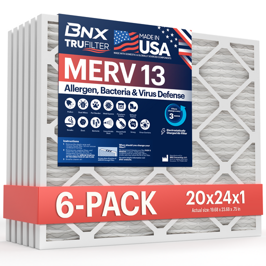 BNX TruFilter 20x24x1 MERV 13 Pleated Air Filter - Made in USA (6-Pack)