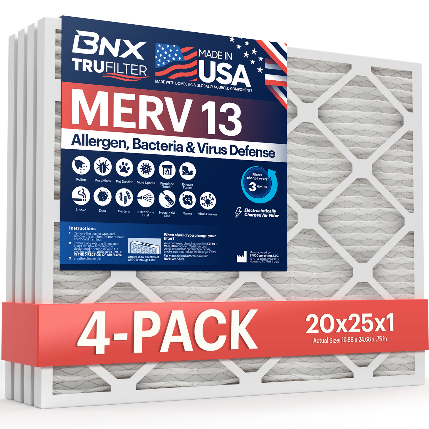 BNX 20x25x1 MERV 13 Pleated Air Filter - Made in USA (4-Pack)