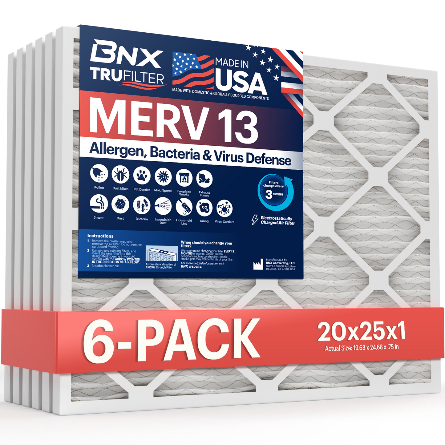 BNX 20x25x1 MERV 13 Pleated Air Filter - Made in USA (6-Pack)