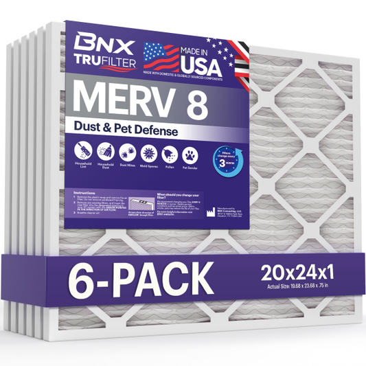 BNX TruFilter 20x24x1 MERV 8 Pleated Air Filter – Made in USA (6-Pack)