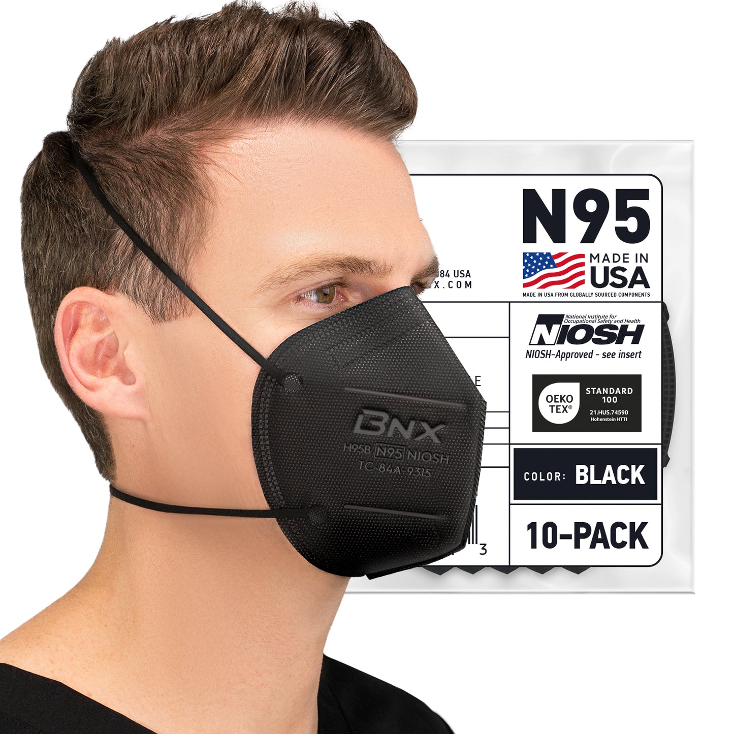 BNX N95 Mask Respirator (NIOSH) (Model: H95B), Black Made in USA