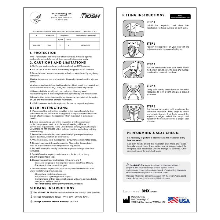 BNX N95 Mask Respirator (NIOSH) (Model: H95W), White