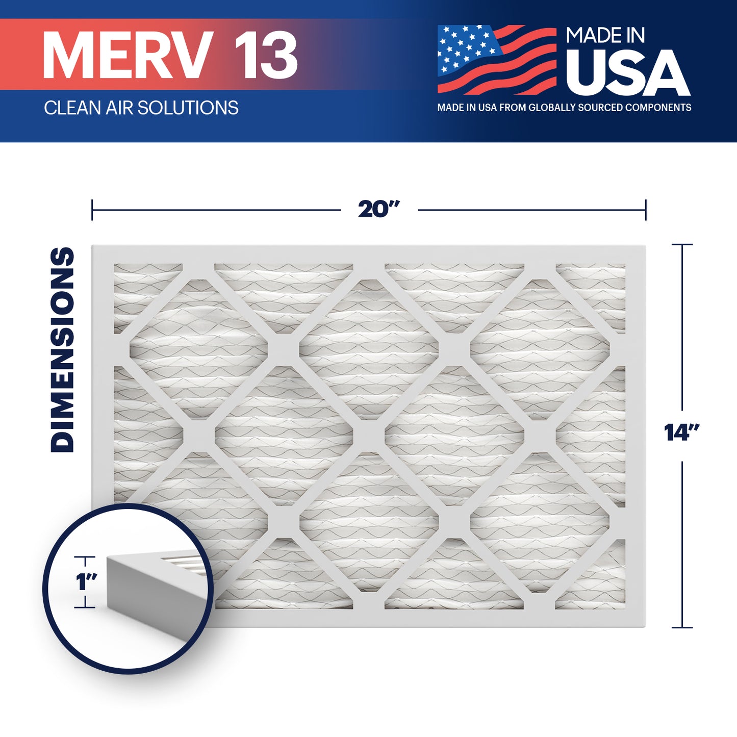 BNX 14x20x1 MERV 13 Pleated Air Filter - Made in USA (2-Pack)