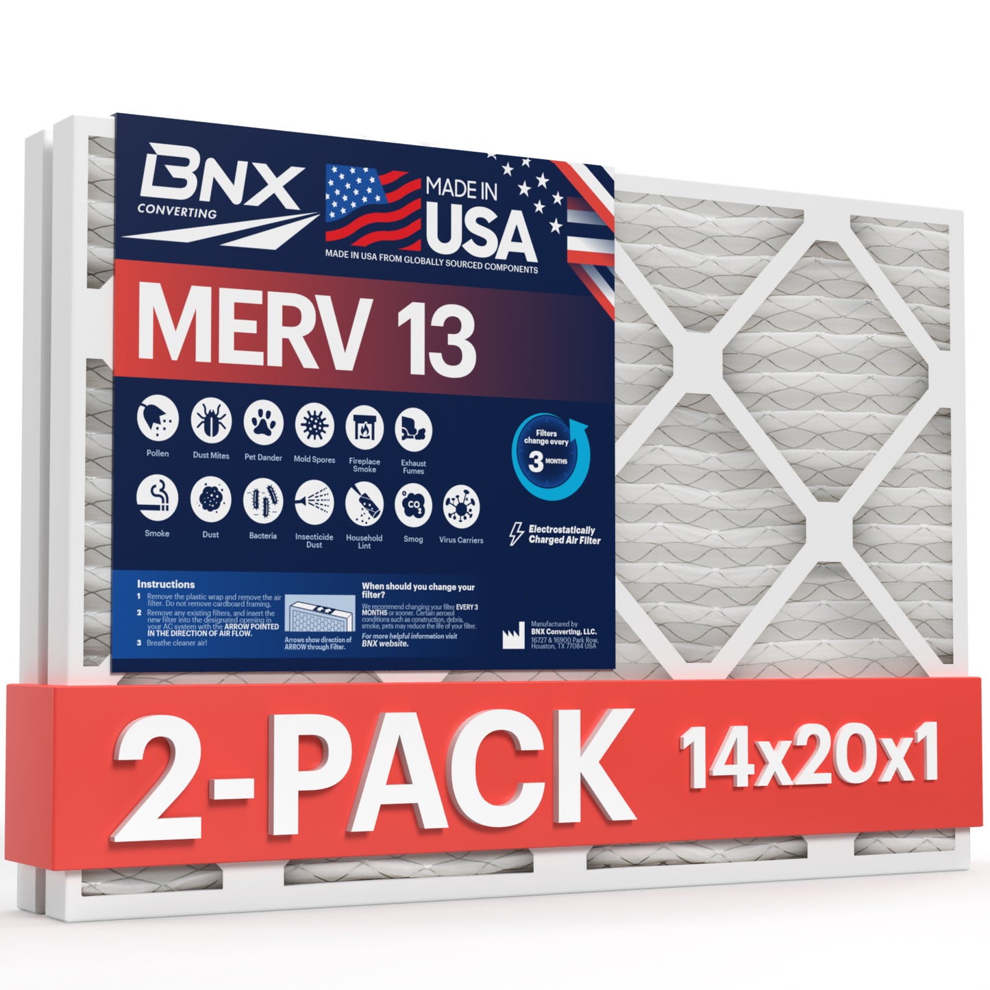 BNX 14x20x1 MERV 13 Pleated Air Filter - Made in USA (2-Pack)
