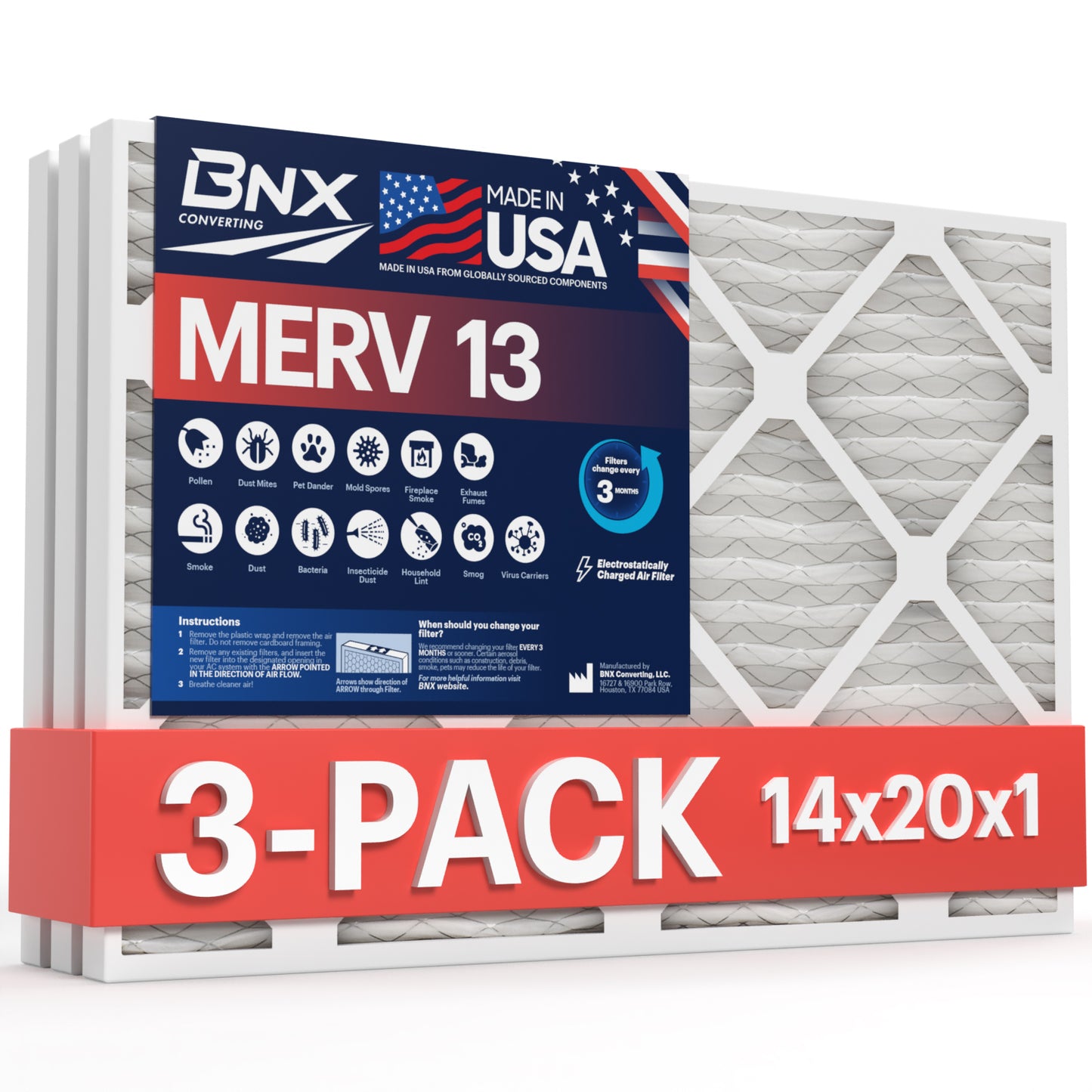 BNX 14x20x1 MERV 13 Pleated Air Filter – Made in USA (3-Pack)