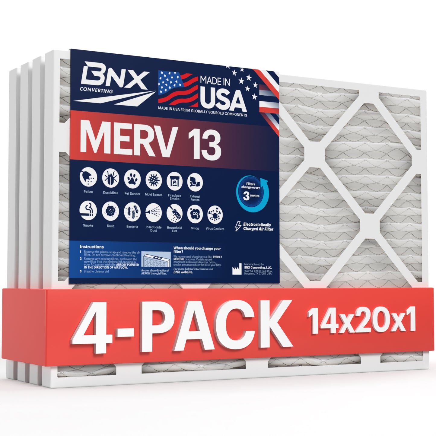 BNX 14x20x1 MERV 13 Pleated Air Filter - Made in USA (4-Pack)