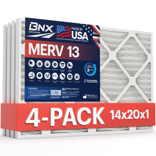 BNX 14x20x1 MERV 13 Pleated Air Filter - Made in USA (4-Pack)