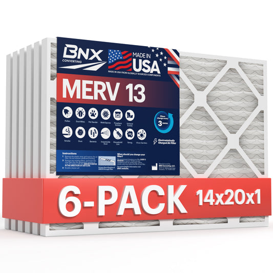 BNX 14x20x1 MERV 13 Pleated Air Filter - Made in USA (6-Pack)