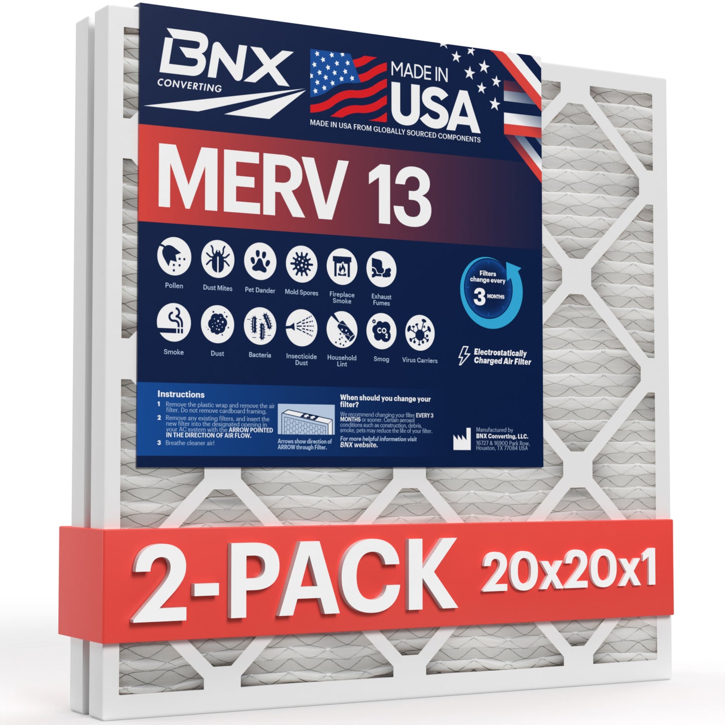 BNX 20x20x1 MERV 13 Pleated Air Filter - Made in USA (2 Pack)