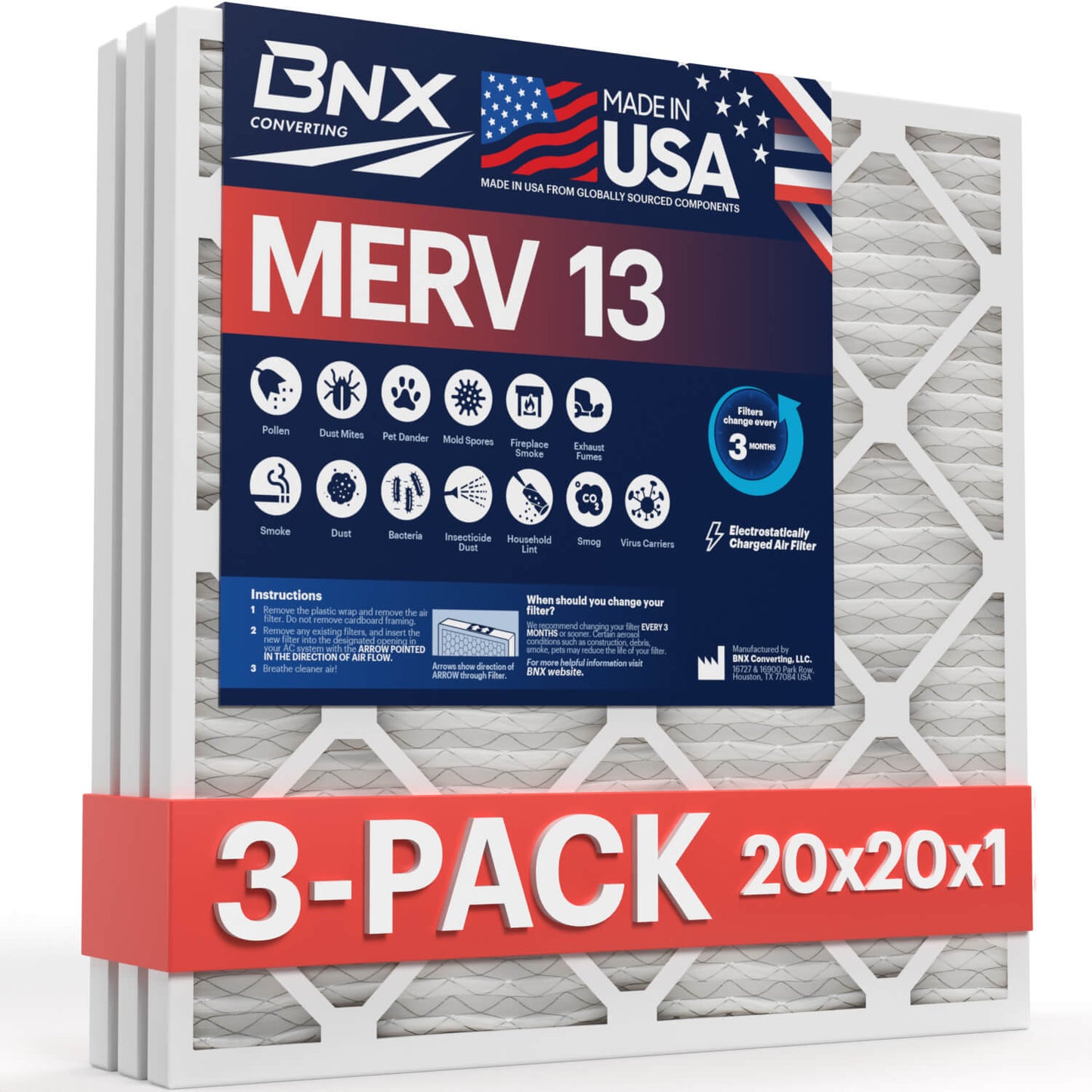 BNX 20x20x1 MERV 13 Pleated Air Filter – Made in USA (3-Pack)