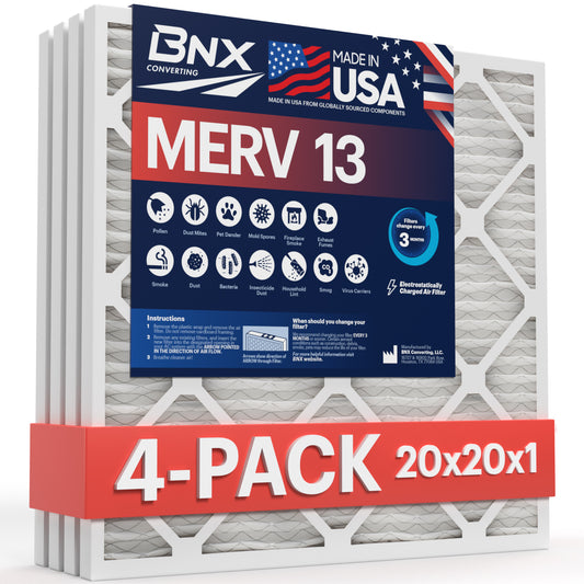 BNX 20x20x1 MERV 13 Pleated Air Filter - Made in USA (4-Pack)